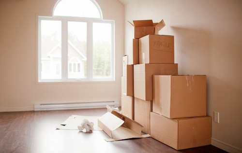 Packed boxes and student belongings ready for storage in Canary Wharf