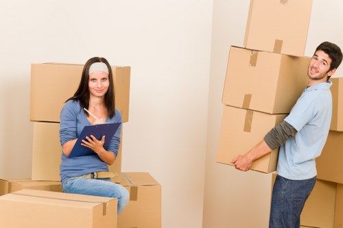Packed boxes and furniture prepared for long-term storage in Canary Wharf